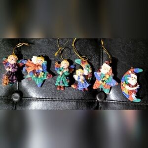 Vintage Christmas Ornaments Patchwork Angels&Santas Resin Molded Set 6 pcs.